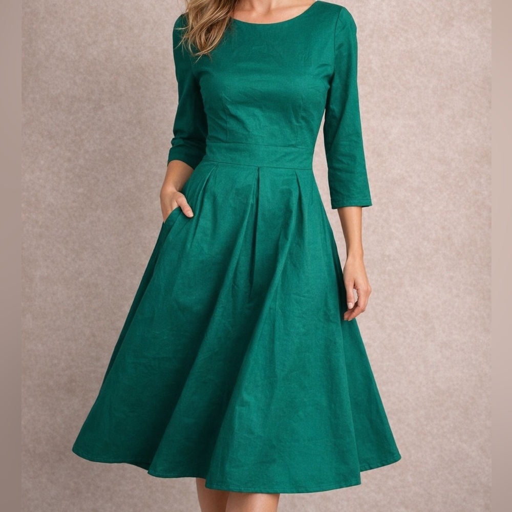 Emerald Green Fit Flare Dress Midi 3/4 Sleeve Elegant Size 6